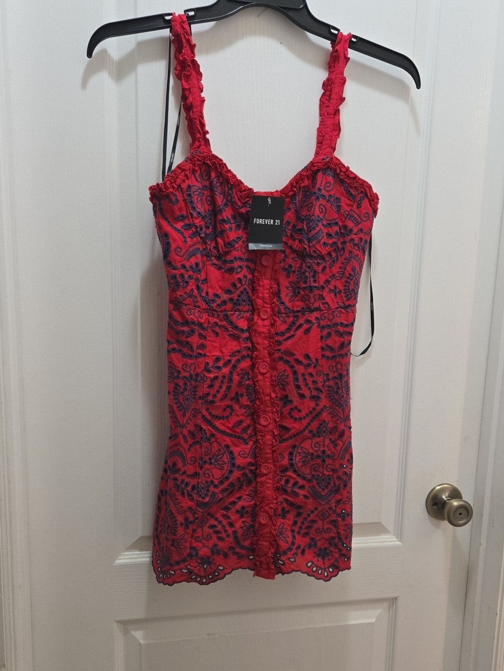 Forever 21 Red Mini Dress with Navy Floral Embroidery
